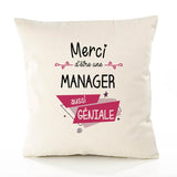 Housse de Coussin Premium Merci Manager Géniale - Coton Canvas Fairtrade Beige Idée Cadeau Décoration Canapé