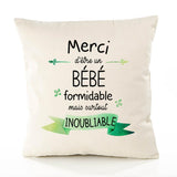 Housse de Coussin Premium Merci Bébé Inoubliable - Coton Canvas Fairtrade Beige Idée Cadeau Décoration Canapé