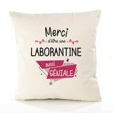 Housse de Coussin Premium Merci Laborantine Géniale - Coton Canvas Fairtrade Beige Idée Cadeau Décoration Canapé