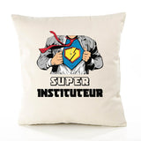 Housse de Coussin Premium Super INSTITUTEUR - Coton Canvas Fairtrade Beige Idée Cadeau Décoration Canapé