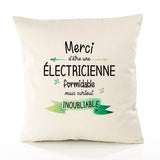 Housse de Coussin Premium Merci Électricienne Inoubliable Femme - Coton Canvas Fairtrade Beige Idée Cadeau Décoration Canapé