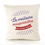 Housse de Coussin Premium magasinière Meilleure Monde - Coton Canvas Fairtrade Beige Idée Cadeau Décoration Canapé