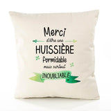 Housse de Coussin Premium Merci Huissière Inoubliable Femme - Coton Canvas Fairtrade Beige Idée Cadeau Décoration Canapé