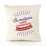 Housse de Coussin Premium Agent Immobilier Meilleure Monde - Coton Canvas Fairtrade Beige Idée Cadeau Décoration Canapé