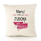Housse de Coussin Premium Merci Judoka Géniale - Coton Canvas Fairtrade Beige Idée Cadeau Décoration Canapé