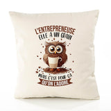 Housse de Coussin Premium L'Entrepreneuse Chouette Grain - Coton Canvas Fairtrade Beige Idée Cadeau Décoration Canapé 40x40