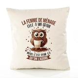 Housse de Coussin Premium La Femme de ménage Chouette Grain - Coton Canvas Fairtrade Beige Idée Cadeau Décoration Canapé 40x40