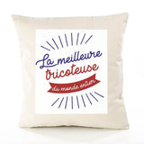 Housse de Coussin Premium tricoteuse Meilleure Monde - Coton Canvas Fairtrade Beige Idée Cadeau Décoration Canapé