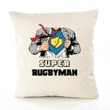 Housse de Coussin Premium Super RUGBYMAN - Coton Canvas Fairtrade Beige Idée Cadeau Décoration Canapé