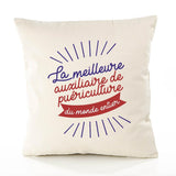 Housse de Coussin Premium auxiliaire de puériculture Meilleure Monde - Coton Canvas Fairtrade Beige Idée Cadeau Décoration Canapé