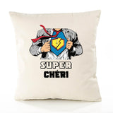 Housse de Coussin Premium Super CHÉRI - Coton Canvas Fairtrade Beige Idée Cadeau Décoration Canapé