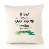 Housse de Coussin Premium Merci Sage-Femme Inoubliable Femme - Coton Canvas Fairtrade Beige Idée Cadeau Décoration Canapé