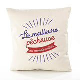 Housse de Coussin Premium pêcheuse Meilleure Monde - Coton Canvas Fairtrade Beige Idée Cadeau Décoration Canapé