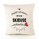 Housse de Coussin Premium Skieuse d'amour - Coton Canvas Fairtrade Beige Idée Cadeau Décoration Canapé 40x40
