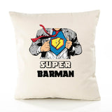 Housse de Coussin Premium Super Barman - Coton Canvas Fairtrade Beige Idée Cadeau Décoration Canapé