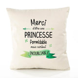 Housse de Coussin Premium Merci Princesse Inoubliable Femme - Coton Canvas Fairtrade Beige Idée Cadeau Décoration Canapé
