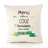 Housse de Coussin Premium Merci Couz Inoubliable - Coton Canvas Fairtrade Beige Idée Cadeau Décoration Canapé