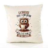 Housse de Coussin Premium La Skieuse Chouette Grain - Coton Canvas Fairtrade Beige Idée Cadeau Décoration Canapé 40x40
