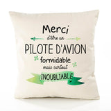 Housse de Coussin Premium Merci Pilote d'avion Inoubliable - Coton Canvas Fairtrade Beige Idée Cadeau Décoration Canapé