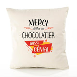 Housse de Coussin Premium Merci Chocolatier Génial - Coton Canvas Fairtrade Beige Idée Cadeau Décoration Canapé
