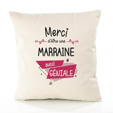 Housse de Coussin Premium Merci Marraine Géniale - Coton Canvas Fairtrade Beige Idée Cadeau Décoration Canapé