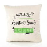 Housse de Coussin Premium Assistante Sociale Meilleure Temps Femme - Coton Canvas Fairtrade Beige Idée Cadeau Décoration Canapé