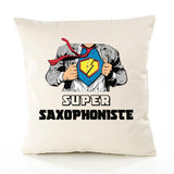 Housse de Coussin Premium Super SAXOPHONISTE - Coton Canvas Fairtrade Beige Idée Cadeau Décoration Canapé