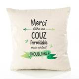 Housse de Coussin Premium Merci Couz Inoubliable Femme - Coton Canvas Fairtrade Beige Idée Cadeau Décoration Canapé