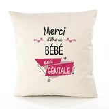 Housse de Coussin Premium Merci Bébé Géniale - Coton Canvas Fairtrade Beige Idée Cadeau Décoration Canapé