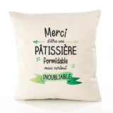 Housse de Coussin Premium Merci Pâtissière Inoubliable Femme - Coton Canvas Fairtrade Beige Idée Cadeau Décoration Canapé