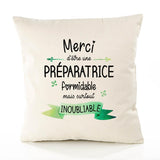Housse de Coussin Premium Merci Préparatrice Inoubliable Femme - Coton Canvas Fairtrade Beige Idée Cadeau Décoration Canapé