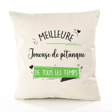 Housse de Coussin Premium Joueuse De Pétanque Meilleure Temps Femme - Coton Canvas Fairtrade Beige Idée Cadeau Décoration Canapé 40x40