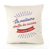 Housse de Coussin Premium cheffe de Cuisine Meilleure Monde - Coton Canvas Fairtrade Beige Idée Cadeau Décoration Canapé
