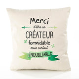 Housse de Coussin Premium Merci Créateur Inoubliable - Coton Canvas Fairtrade Beige Idée Cadeau Décoration Canapé