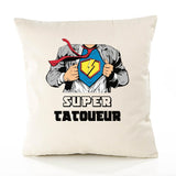 Housse de Coussin Premium Super TATOUEUR - Coton Canvas Fairtrade Beige Idée Cadeau Décoration Canapé