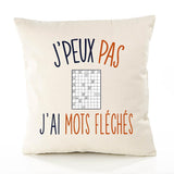 Housse de Coussin Premium Mots fléchés Version Blanc - Coton Canvas Fairtrade Beige Idée Cadeau Décoration Canapé