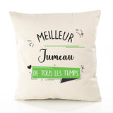 Housse de Coussin Premium Meilleur Jumeau de Tous Les Temps 2 - Coton Canvas Fairtrade Beige Idée Cadeau Décoration Canapé