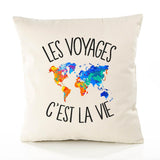 Housse de Coussin Premium Voyages - Coton Canvas Fairtrade Beige Idée Cadeau Décoration Canapé
