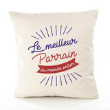 Housse de Coussin Premium Parrain Meilleur du Monde Entier Meilleur Monde - Coton Canvas Fairtrade Beige Idée Cadeau Décoration Canapé