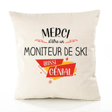 Housse de Coussin Premium Merci Moniteur de Ski Génial - Coton Canvas Fairtrade Beige Idée Cadeau Décoration Canapé