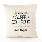 Housse de Coussin Premium Jean-Hugues Un Super Collègue - Coton Canvas Fairtrade Beige Idée Cadeau Décoration Canapé 40x40