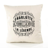 Housse de Coussin Premium Charlotte Déesse légende Noire - Coton Canvas Fairtrade Beige Idée Cadeau Décoration Canapé