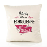 Housse de Coussin Premium Merci Technicienne Géniale - Coton Canvas Fairtrade Beige Idée Cadeau Décoration Canapé