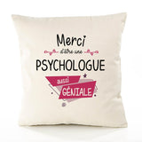 Housse de Coussin Premium Merci Psychologue Géniale - Coton Canvas Fairtrade Beige Idée Cadeau Décoration Canapé