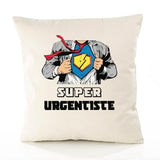 Housse de Coussin Premium Super URGENTISTE - Coton Canvas Fairtrade Beige Idée Cadeau Décoration Canapé