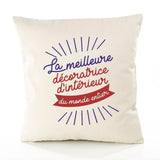 Housse de Coussin Premium décoratrice d'intérieur Meilleure Monde - Coton Canvas Fairtrade Beige Idée Cadeau Décoration Canapé