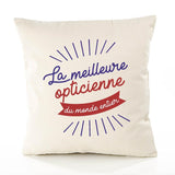 Housse de Coussin Premium opticienne Meilleure Monde - Coton Canvas Fairtrade Beige Idée Cadeau Décoration Canapé