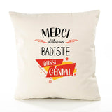 Housse de Coussin Premium Merci Badiste Génial - Coton Canvas Fairtrade Beige Idée Cadeau Décoration Canapé