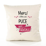 Housse de Coussin Premium Merci Puce Géniale - Coton Canvas Fairtrade Beige Idée Cadeau Décoration Canapé