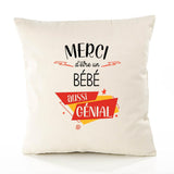 Housse de Coussin Premium Merci Bébé Génial - Coton Canvas Fairtrade Beige Idée Cadeau Décoration Canapé